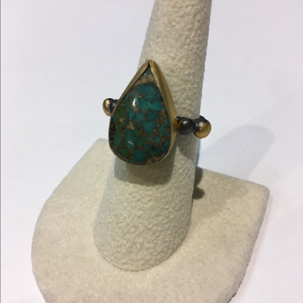 Oxidized silver, 22 karat gold, turquoise ring